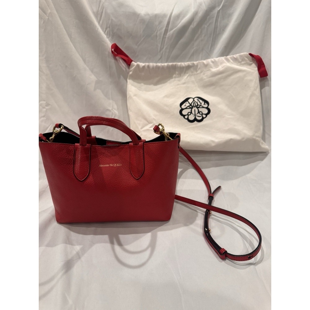 Alexander McQueen Red Pebbled Leather Mini Tote Crossbody Bag Gold Hardware